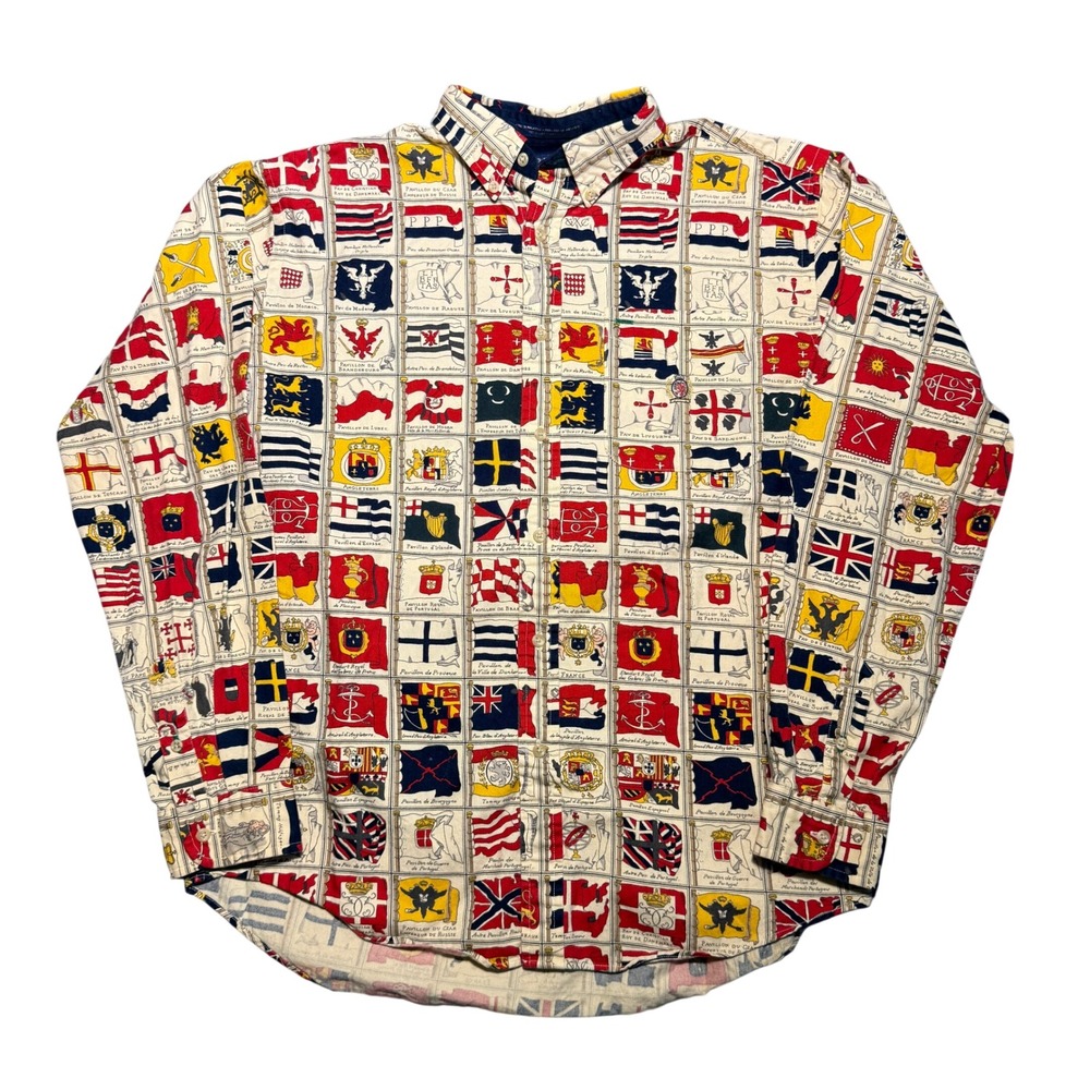 Vintage Tommy Hilfiger Nautical Flag Heraldic All Over Print Shirt Mens XL